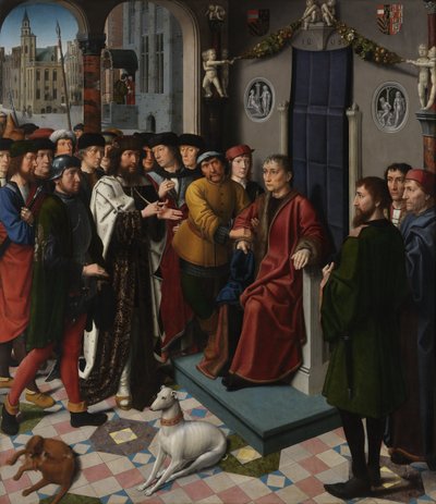 Gerechtigkeitsdiptychon für den Ratssaal des Brügger Rathauses. Tafel 1 - Die Gefangennahme des korrupten Richters Sisamnes von Gerard David